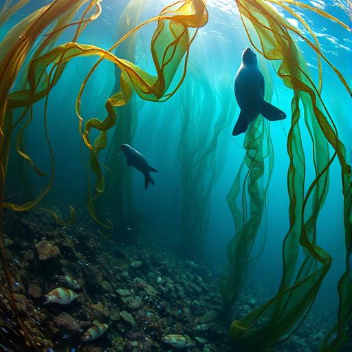 An underwater view of a kelp forest filled with swaying plants