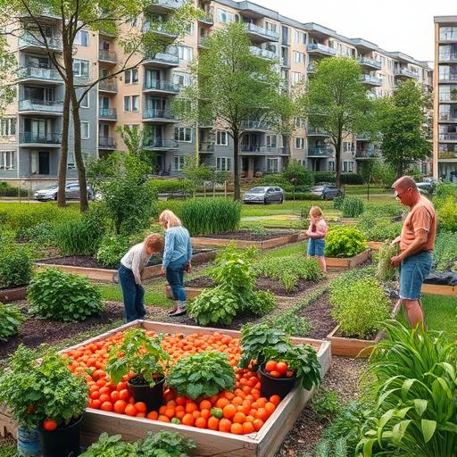 A community garden at the heart of a city park.