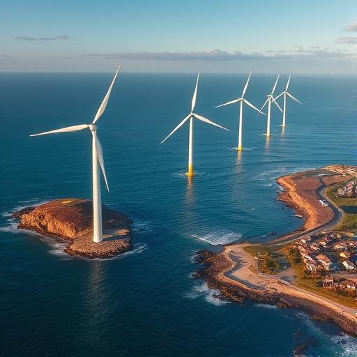 A picturesque coastal scene with massive offshore wind turbines, symbolizing innovation and change.