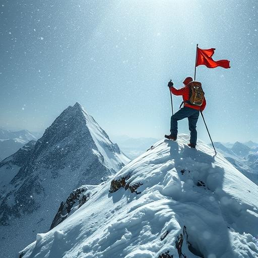 A mountain climber reaching the summit during a fierce climb symbolizing support