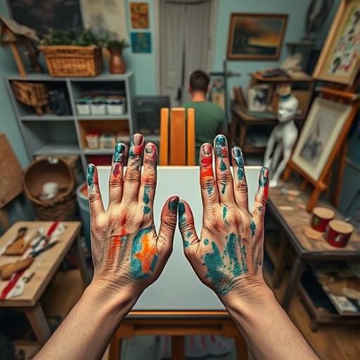 Close-up of hands covered in paint poised above a canvas.