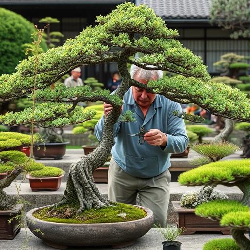 Bonsai enthusiast tending to a tree, symbolizing careful care of your goals.