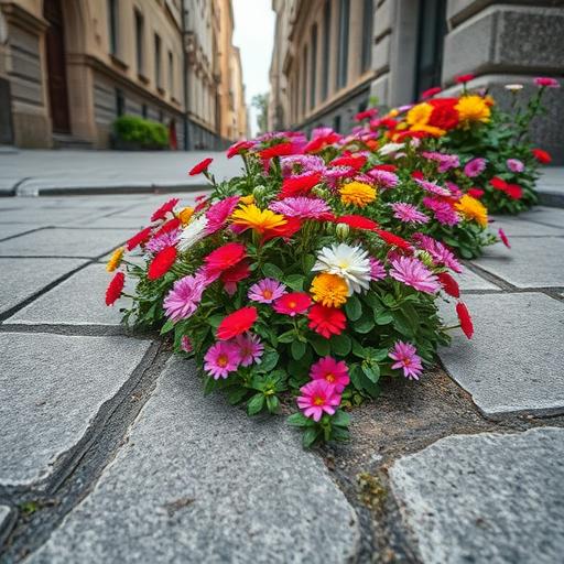 A flourishing flower garden growing defiantly in a harsh environment, symbolizing growth