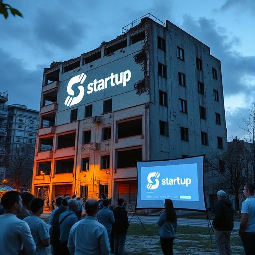 An inspiring image of a start-up's logo projected onto a wall, symbolizing the spirit of innovation and empowerment.
