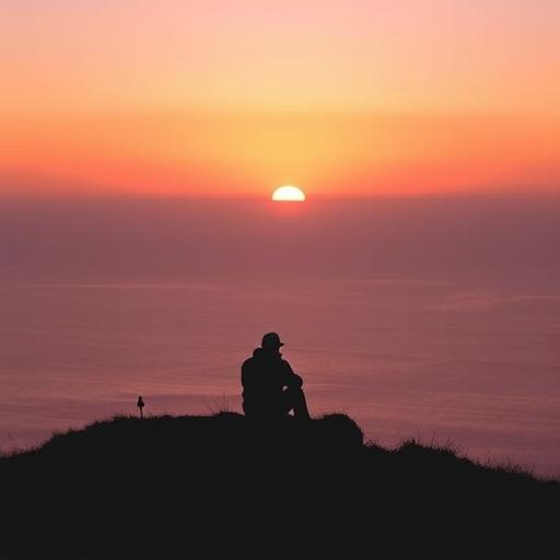 A solitary figure sitting on a hilltop, symbolizing mindfulness and reflection in pet care.