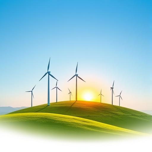 A wind farm situated on a rolling green hill under a bright sky