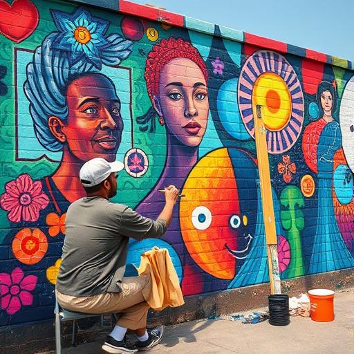 An artist painting an intricate city mural, symbolizing consistent creative action