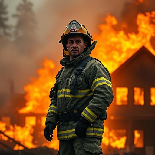 A lone firefighter standing firm amid adversity, symbolizing unwavering motivation and courage.