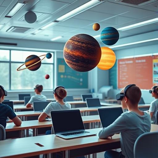 A futuristic classroom where students are engaged in innovative learning.