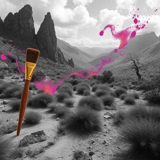 Imaginative landscape with a single paintbrush symbolizing small consistent actions
