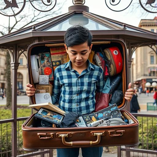 An individual unraveling a suitcase filled with various items