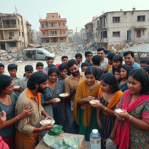 A community gathered amidst the rubble of a natural disaster, showing resilience and rebuilding.