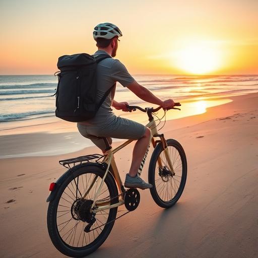 Adventurous digital nomad cycling through scenic landscapes