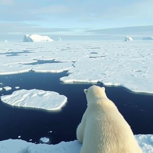 An inspiring polar bear gazing over an arctic landscape, symbolizing courage and freedom