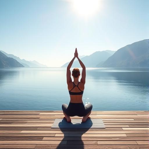 A serene morning scene of a person practicing yoga on a beach