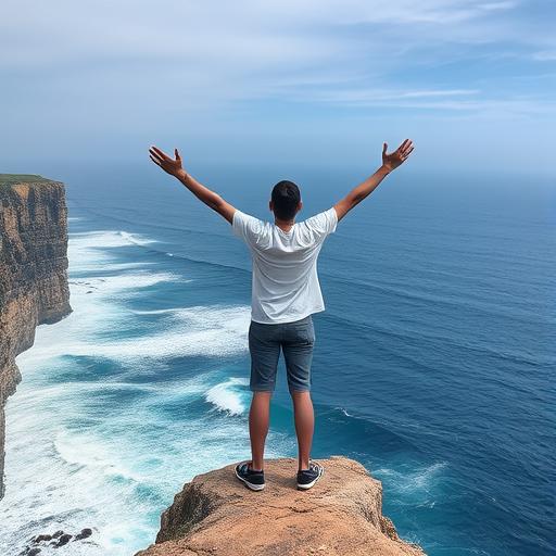 Person standing at the edge of a cliff, overlooking the ocean, symbolizing potential