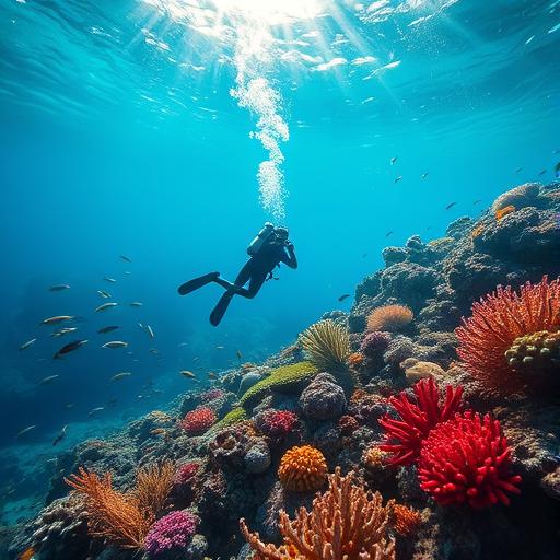 Fearless diver in crystal-clear ocean depths