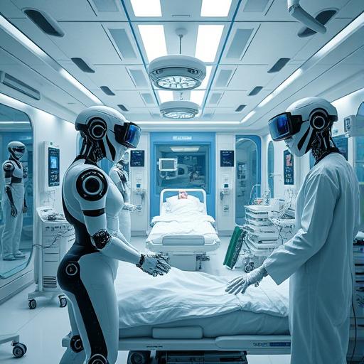 A futuristic hospital room with robotic assistants, symbolizing support and innovation in parenting.