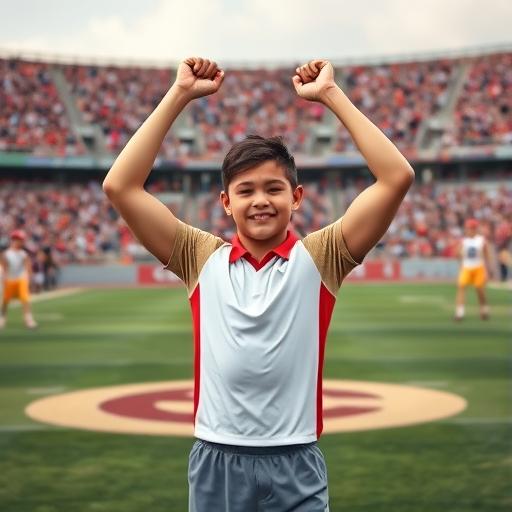 A young athlete standing on a large sports field symbolizing motivation and action
