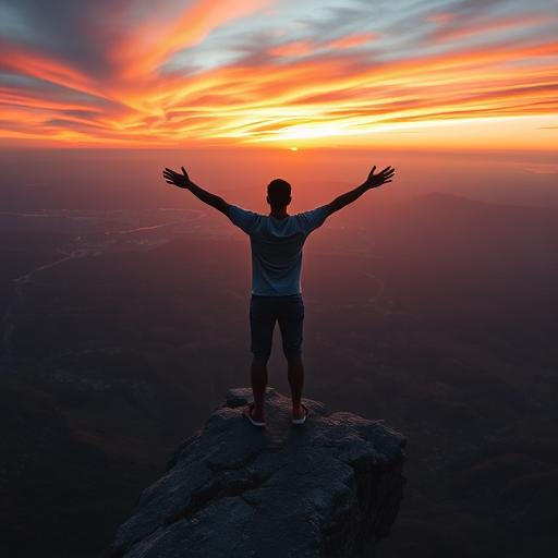 A person standing on a cliff edge overlooking a breathtaking view symbolizing achievement