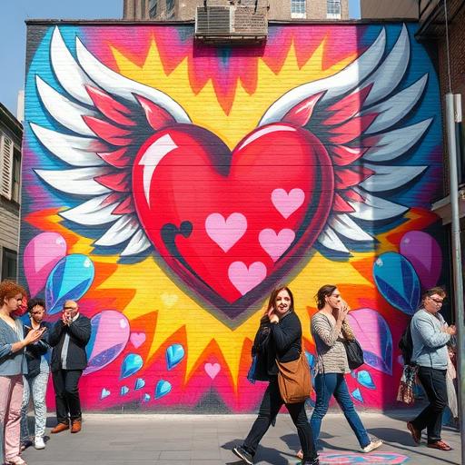 A vibrant street mural depicting a heart with wings, symbolizing hope and creativity