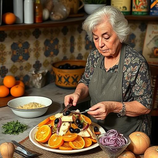 An elderly woman preparing a meal in a rustic Spanish kitchen, showcasing the beauty of creativity in cooking.