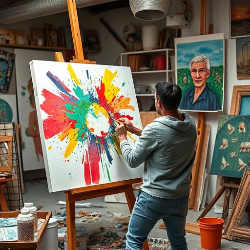 An artist passionately painting on a large canvas, representing creative resilience