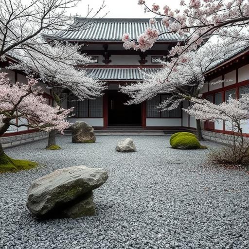 A zen garden in a Japanese temple featuring meticulously raked sand