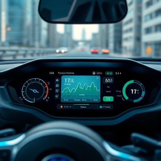 Close-up of an electric car dashboard displaying futuristic technology