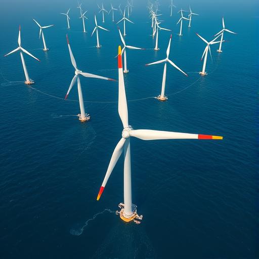Aerial view of offshore wind turbines