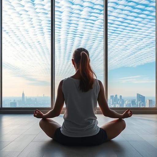 A woman meditating in a serene minimalist room, symbolizing vision and clarity