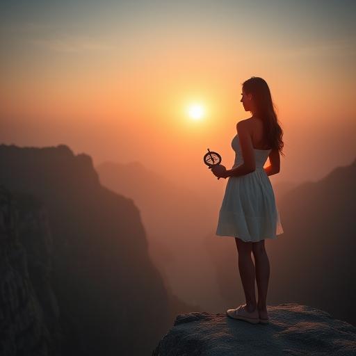 Young woman standing at the edge of a cliff gazing toward the horizon