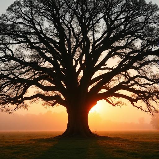 Majestic oak tree standing alone in a misty field symbolizing growth.