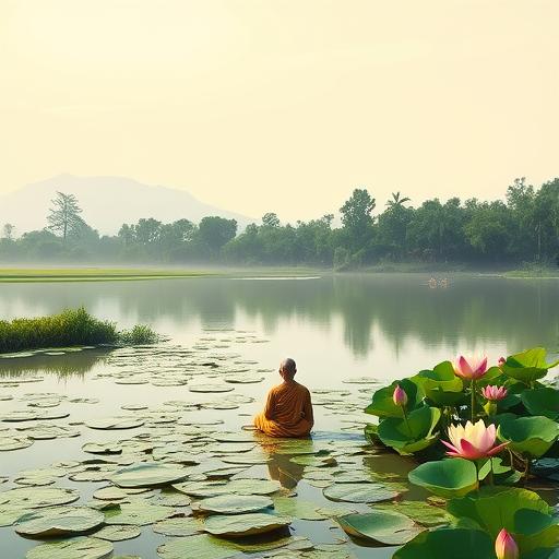 Serene landscape with a lone monk meditating by a calm lake