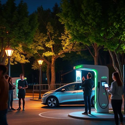 A vibrant night scene of an electric vehicle charging representing empowerment over financial stress.