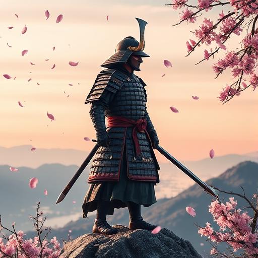 A resolute samurai warrior on a mountaintop, exemplifying unwavering belief and persistence