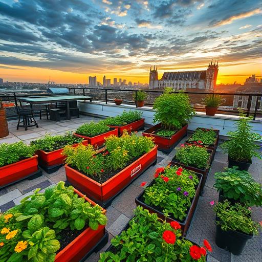 A vibrant rooftop garden overflowing with vegetable crops, symbolizing the importance of nutrition in elderly care.