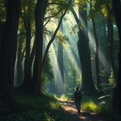Explorer navigating through dense enchanted forest representing perseverance