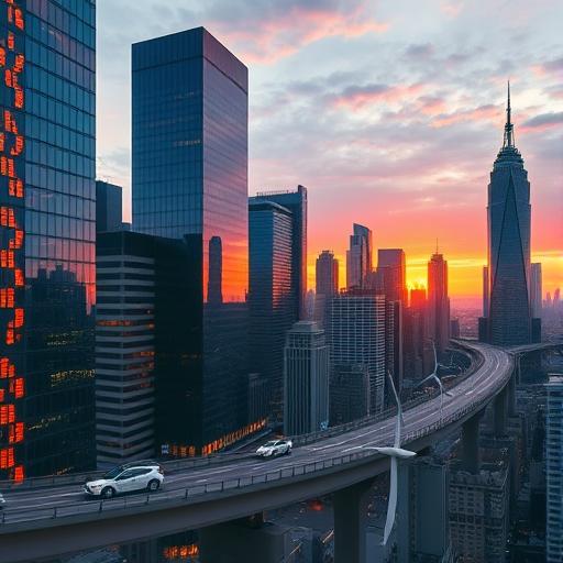 Sunset city skyline inspiring ambition