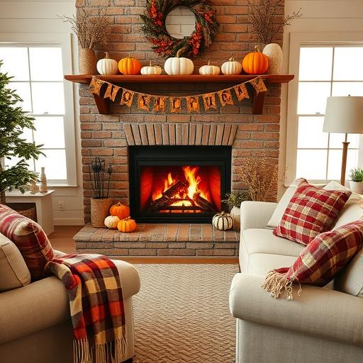 A cozy living room adorned with autumn-themed decor, inviting warmth and comfort.