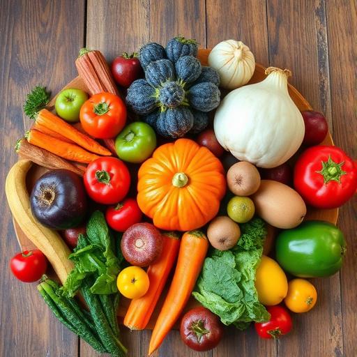 A variety of vibrant vegetables and fruits artistically arranged