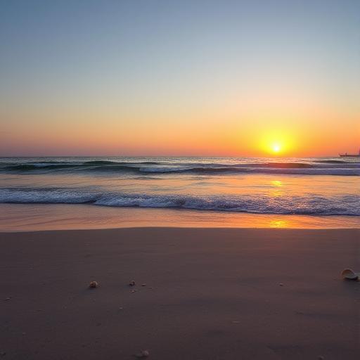 A tranquil beach scene at sunset with the golden sun