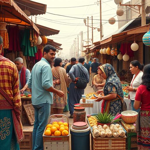 A vibrant market scene with people from various ethnicities