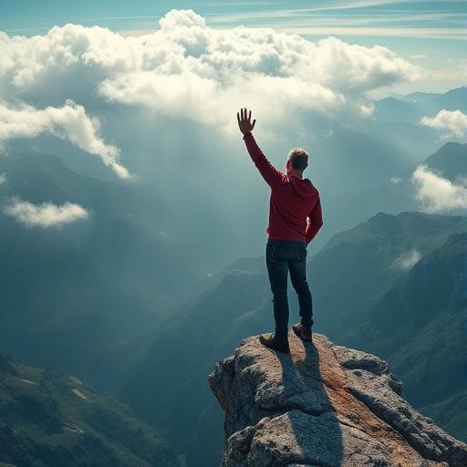 Person standing triumphantly on a mountain cliff at sunrise