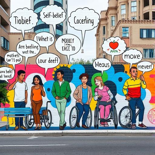 An urban street scene with a vibrant mural, symbolizing creativity and empowerment.