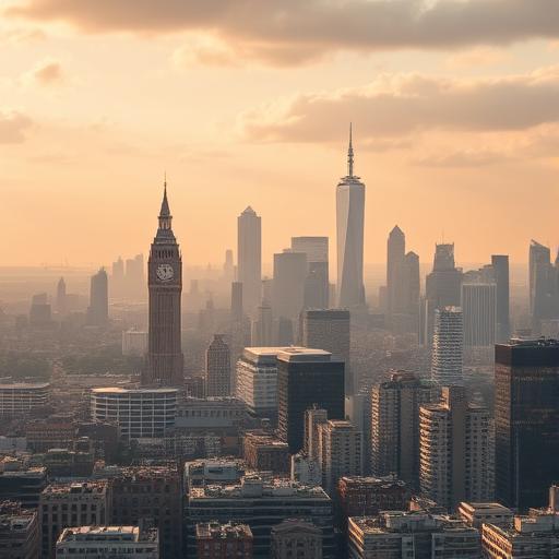 Historic cityscape blending into a futuristic skyline, symbolizing steady progress over time