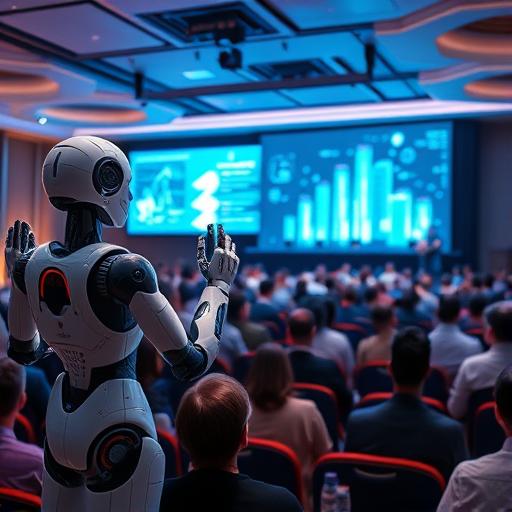 A visionary AI humanoid presenting a holographic presentation