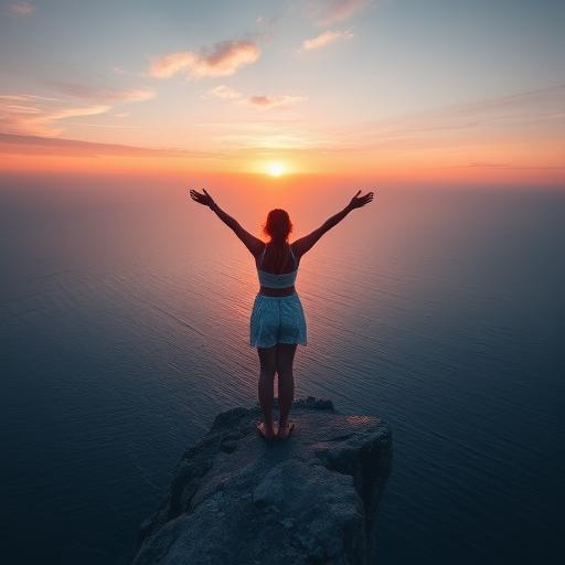 Woman standing at the edge of a cliff at sunrise, symbolizing new beginnings