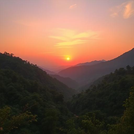 Serene sunrise over a lush green valley