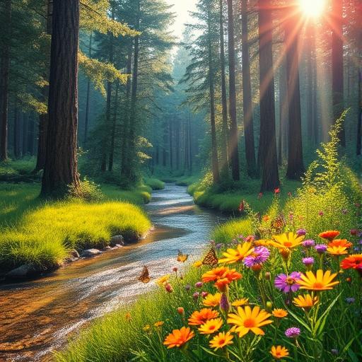 A serene forest landscape with sunrays filtering through